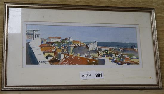 A. Mortimer, watercolour, View of Lisbon, signed and dated 2007, 13 x 37cm